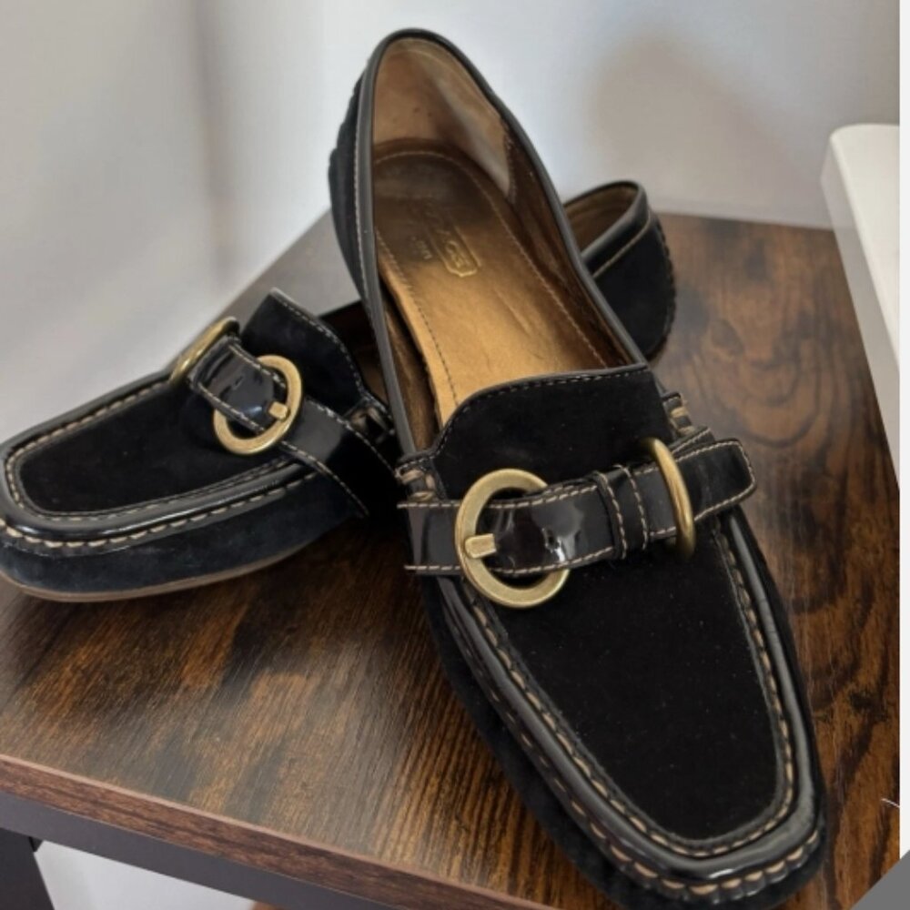 Coach Black Leather Loafer Flats Buckle Accent Slip-On Square Toe